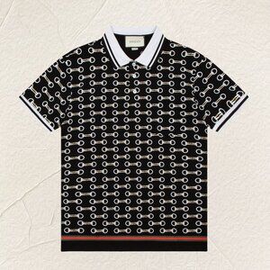 Gucci Black and White Chain Print Polo Shirt